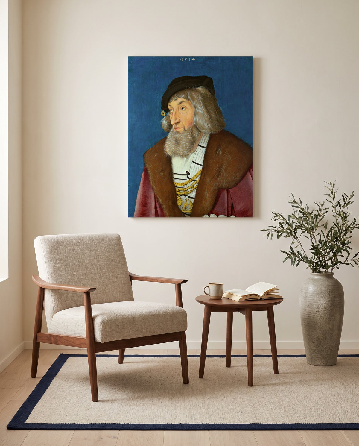 Portrait of a Man by Hans Baldung Grien as a stretched canvas above a linen lounge chair in a reading corner