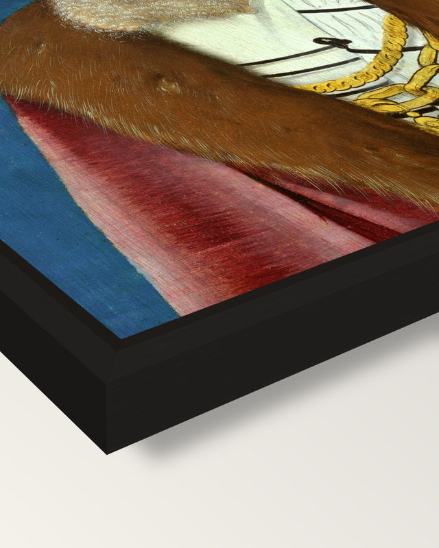Portrait of a Man by Grien framed canvas, corner close-up: a black floating frame with a shadow gap round the canvas