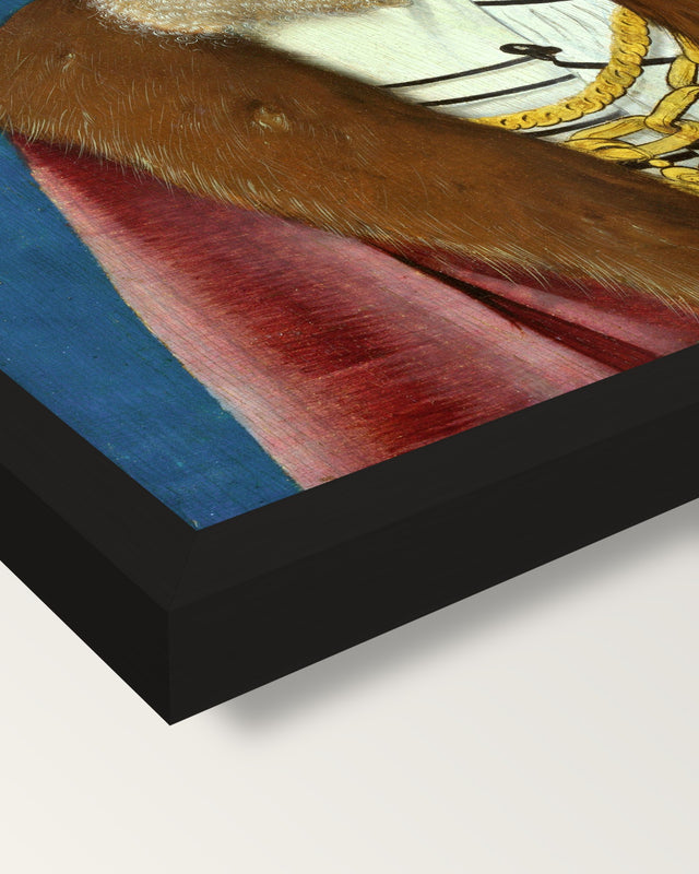 Portrait of a Man by Grien framed print, corner close-up: black moulding, mitred, the print set just below its edge