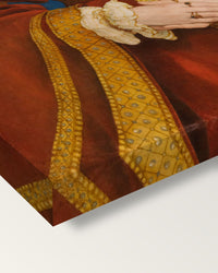 Anne of Cleves by Hans Holbein the Younger on stretched canvas, corner close-up: the painting mirror-wrapped round the sides