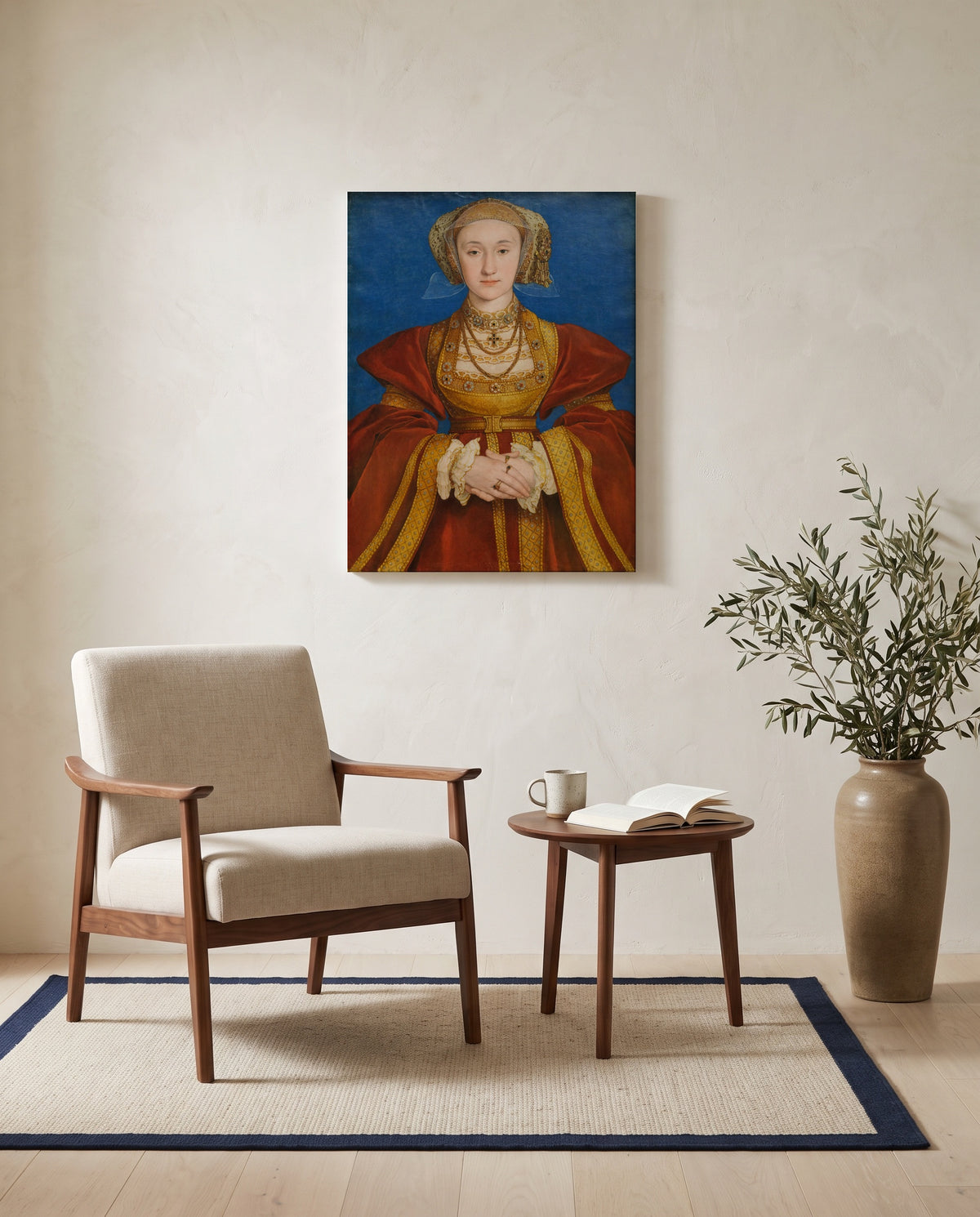 Anne of Cleves by Hans Holbein the Younger as a stretched canvas above a linen lounge chair in a reading corner