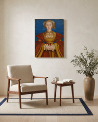Anne of Cleves by Hans Holbein the Younger as a stretched canvas above a linen lounge chair in a reading corner