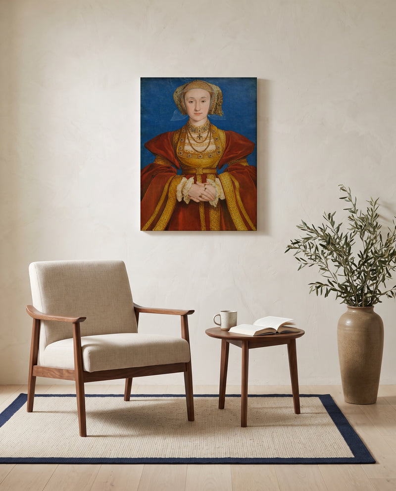 Anne of Cleves by Hans Holbein the Younger as a stretched canvas above a linen lounge chair in a reading corner