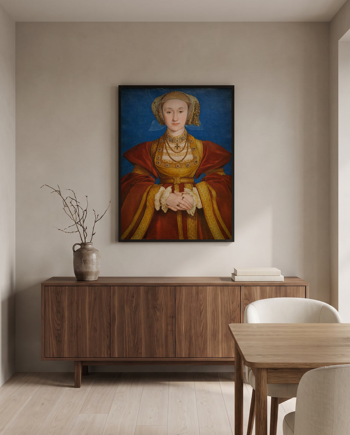 Anne of Cleves by Hans Holbein the Younger in a black frame above a walnut sideboard in a dining room