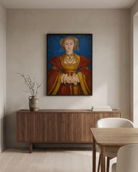 Anne of Cleves by Hans Holbein the Younger in a black frame above a walnut sideboard in a dining room