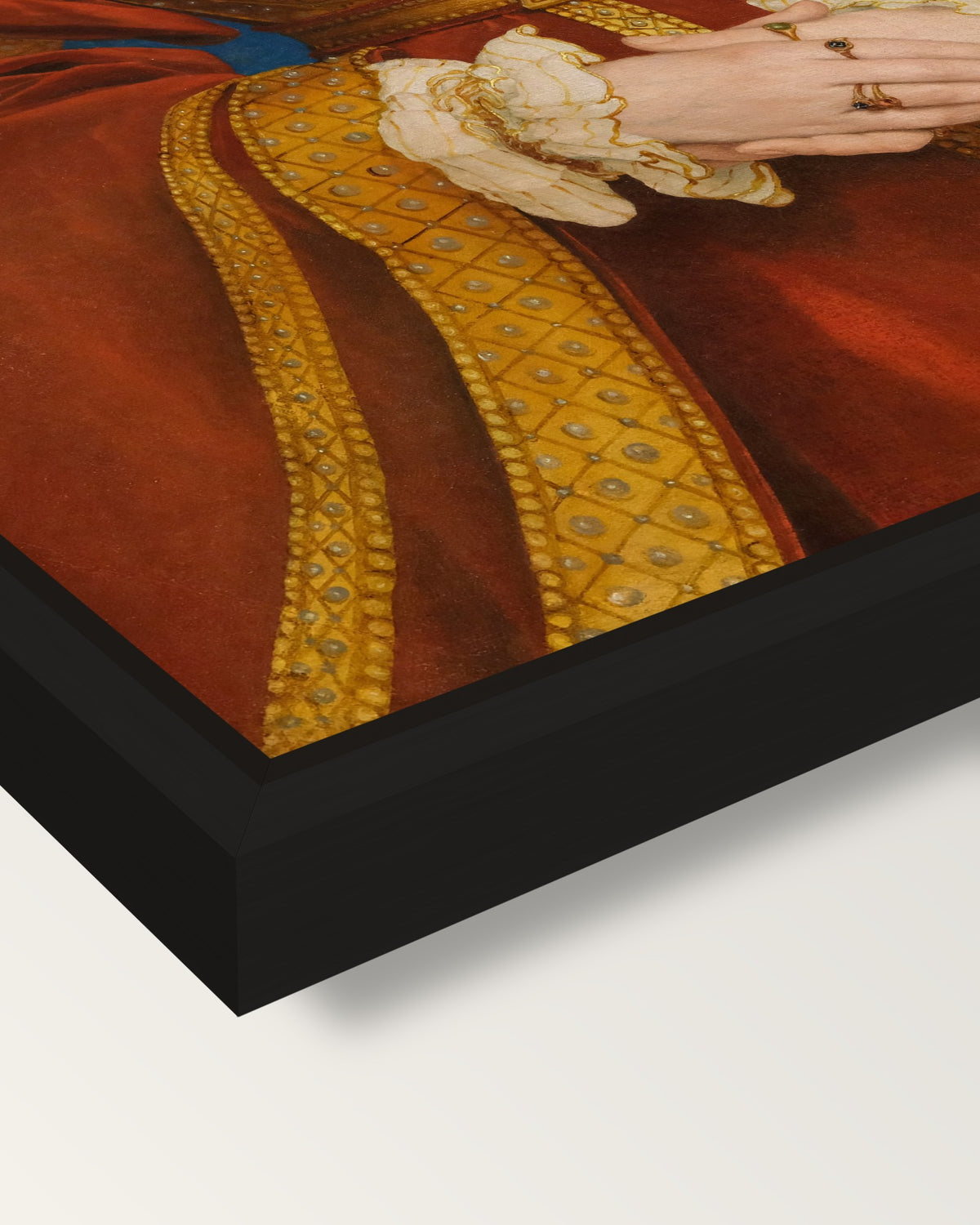 Anne of Cleves by the Younger framed canvas, corner close-up: a black floating frame with a shadow gap round the canvas