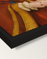 Anne of Cleves by the Younger framed canvas, corner close-up: a black floating frame with a shadow gap round the canvas