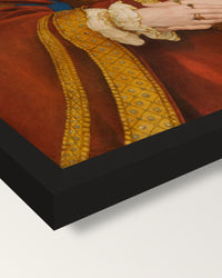 Anne of Cleves by the Younger framed print, corner close-up: black moulding, mitred, the print set just below its edge