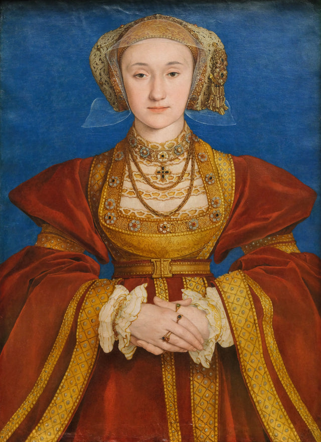 Anne of Cleves by Hans Holbein: a young woman in a red and gold gown and jewelled cap, hands folded, blue ground