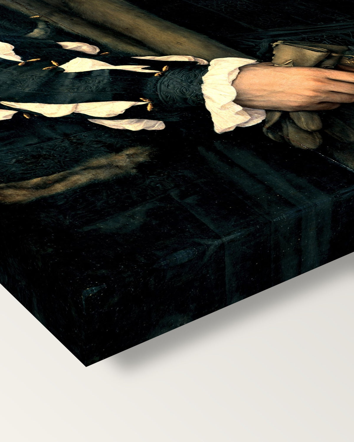 Charles de Solier by the Younger on stretched canvas, corner close-up: the painting mirror-wrapped round the sides
