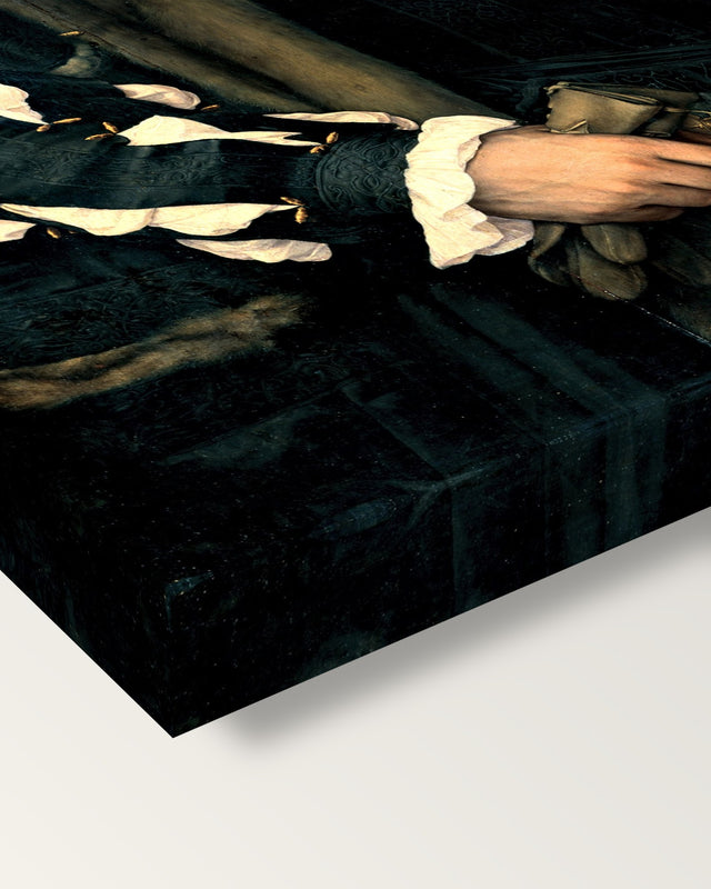 Charles de Solier by the Younger on stretched canvas, corner close-up: the painting mirror-wrapped round the sides