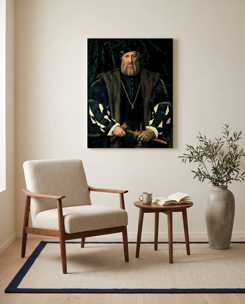 Charles de Solier by Hans Holbein the Younger as a stretched canvas above a linen lounge chair in a reading corner