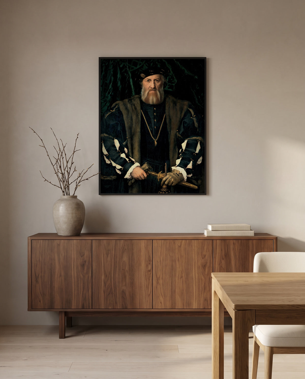 Charles de Solier by Hans Holbein the Younger in a black frame above a walnut sideboard in a dining room
