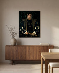 Charles de Solier by Hans Holbein the Younger in a black frame above a walnut sideboard in a dining room