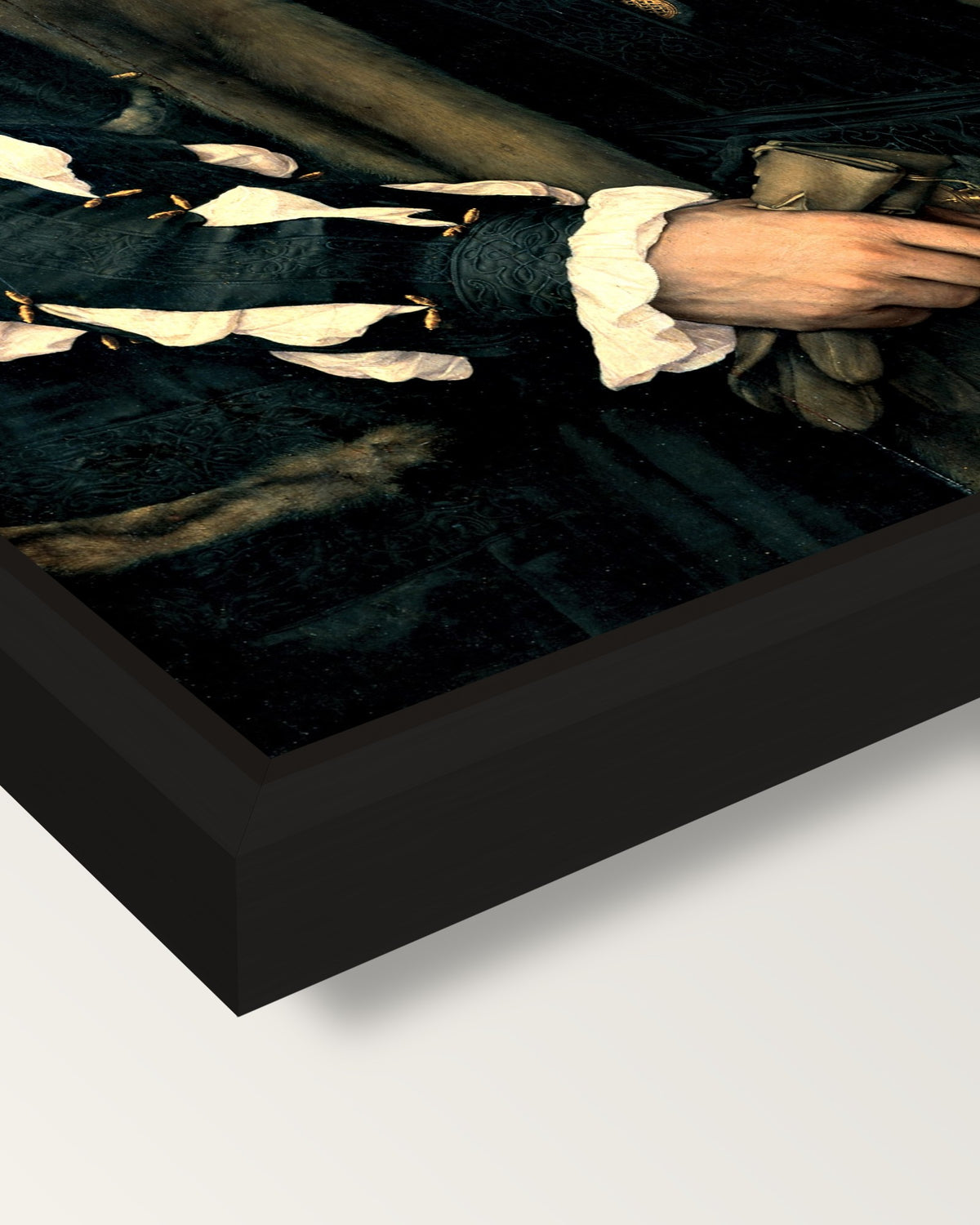 Charles de Solier by the Younger framed canvas, corner close-up: a black floating frame with a shadow gap round the canvas