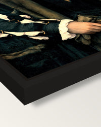 Charles de Solier by the Younger framed canvas, corner close-up: a black floating frame with a shadow gap round the canvas
