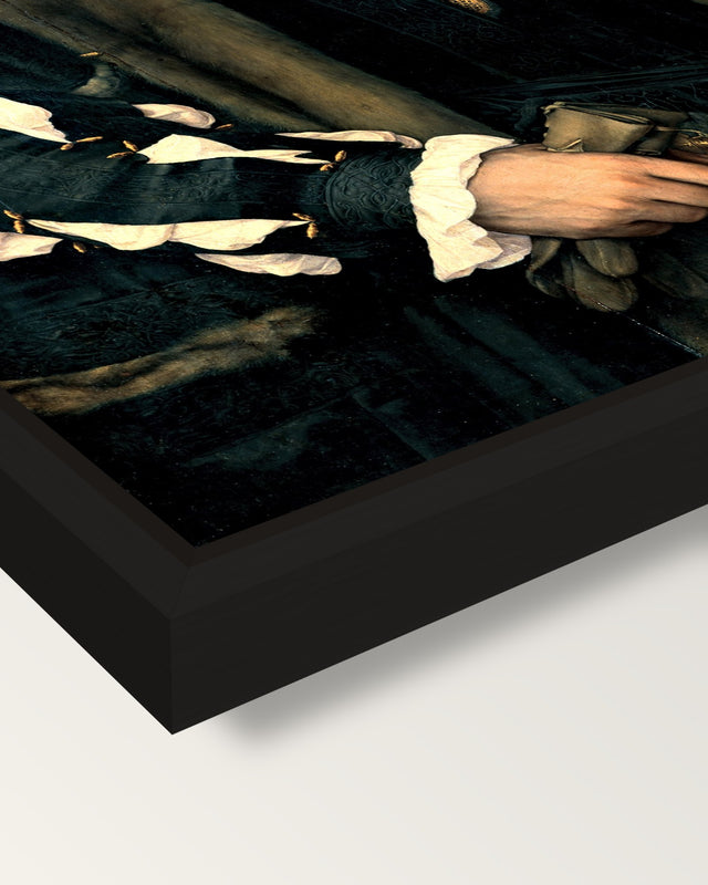 Charles de Solier by the Younger framed canvas, corner close-up: a black floating frame with a shadow gap round the canvas