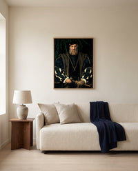Charles de Solier by Hans Holbein the Younger framed in natural oak above a cream sofa in a warm living room