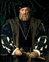 Charles de Solier by Holbein: a bearded man in black satin with slashed white sleeves and fur, a green curtain behind