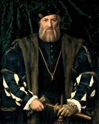 Charles de Solier by Holbein: a bearded man in black satin with slashed white sleeves and fur, a green curtain behind