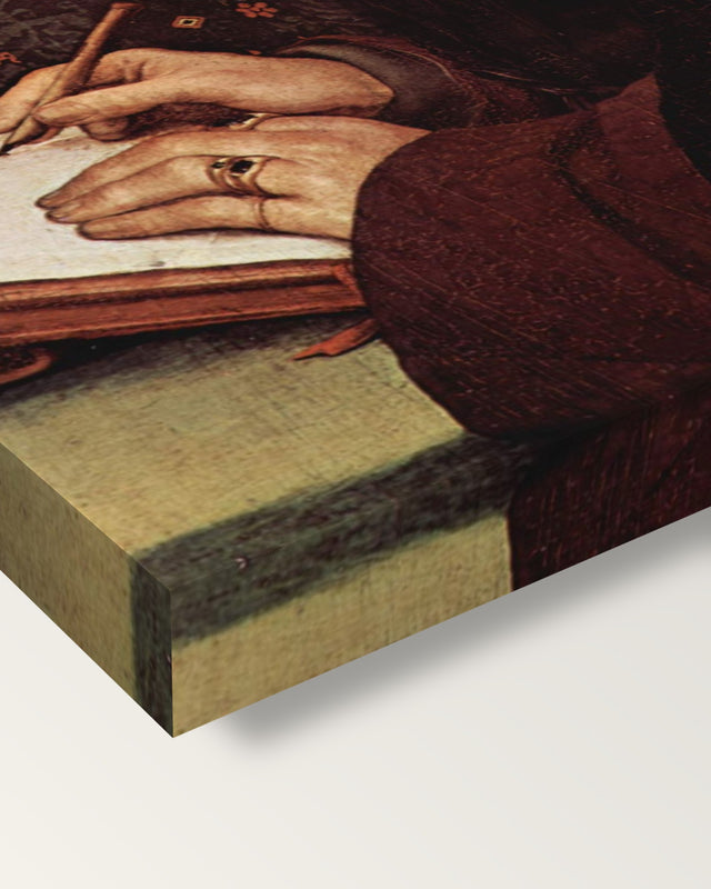 Erasmus Writing by Hans Holbein the Younger on stretched canvas, corner close-up: the painting mirror-wrapped round the sides