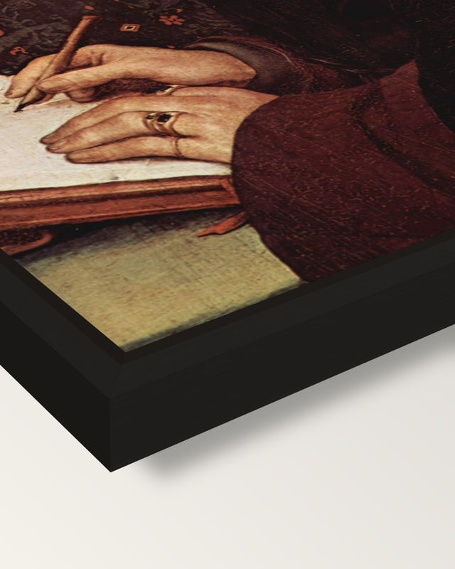Erasmus Writing by the Younger framed canvas, corner close-up: a black floating frame with a shadow gap round the canvas