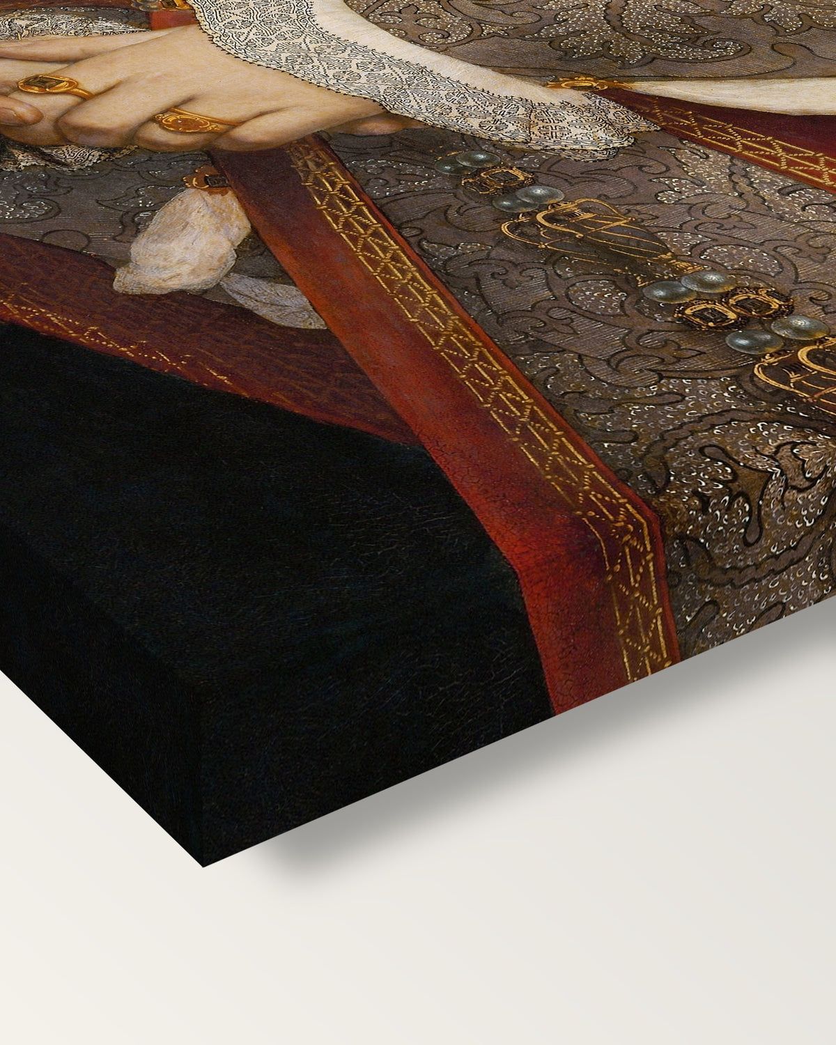 Jane Seymour by Hans Holbein the Younger on stretched canvas, corner close-up: the painting mirror-wrapped round the sides