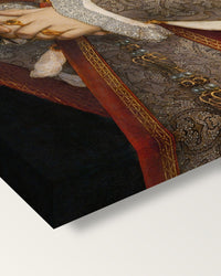 Jane Seymour by Hans Holbein the Younger on stretched canvas, corner close-up: the painting mirror-wrapped round the sides