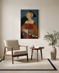 Jane Seymour by Hans Holbein the Younger as a stretched canvas above a linen lounge chair in a reading corner