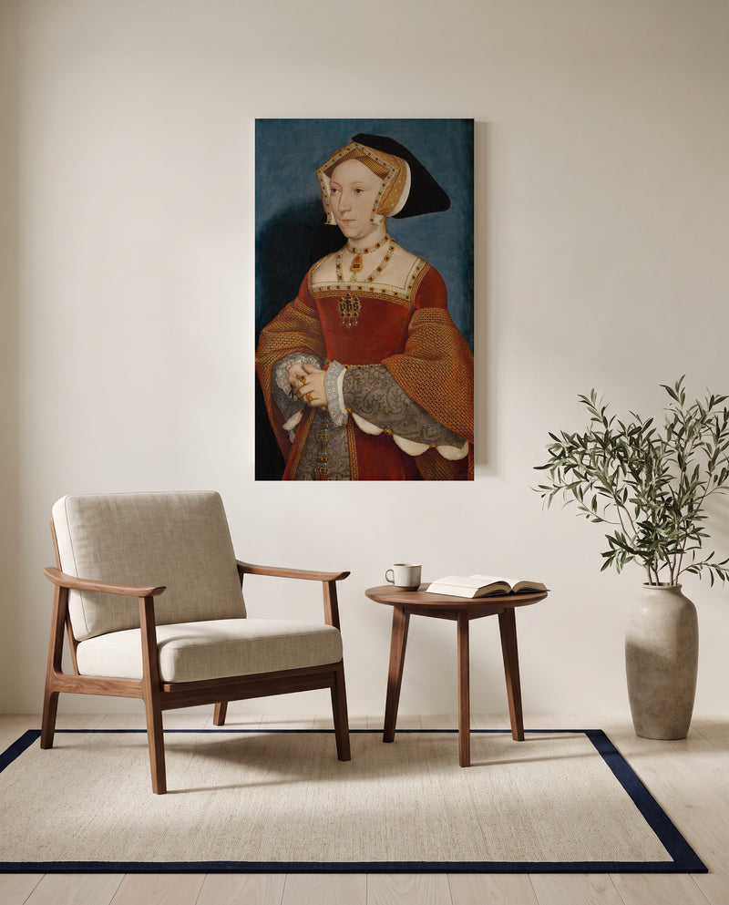 Jane Seymour by Hans Holbein the Younger as a stretched canvas above a linen lounge chair in a reading corner