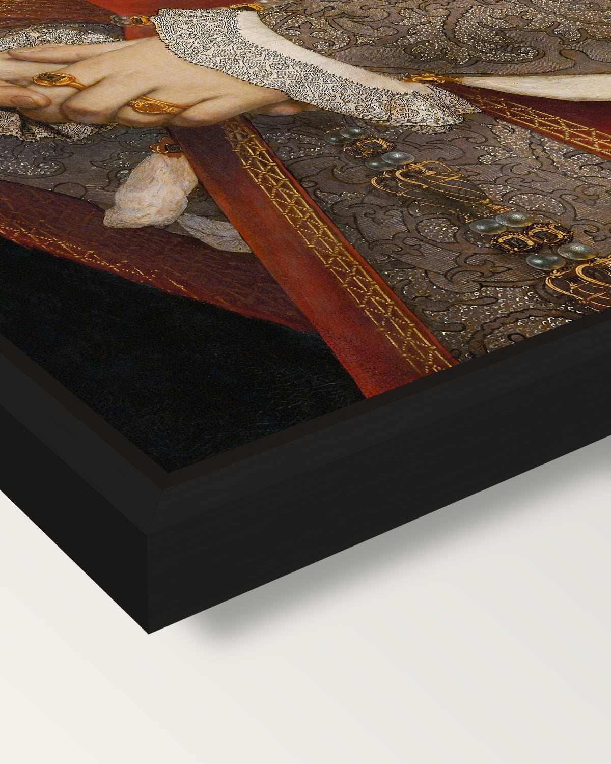 Jane Seymour by the Younger framed canvas, corner close-up: a black floating frame with a shadow gap round the canvas
