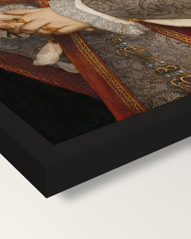 Jane Seymour by the Younger framed print, corner close-up: black moulding, mitred, the print set just below its edge
