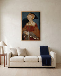Jane Seymour by Hans Holbein the Younger framed in natural oak above a cream sofa in a warm living room