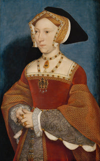 Jane Seymour by Hans Holbein: a queen in a gabled hood, red and silver gown and pearls, hands folded, blue ground