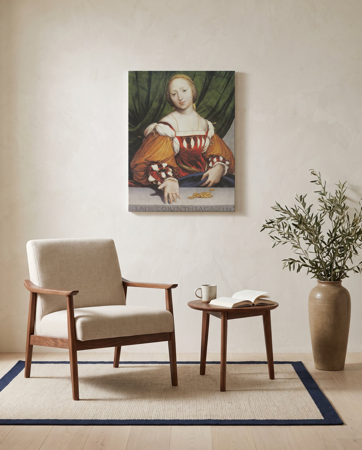 Lais of Corinth by Hans Holbein the Younger as a stretched canvas above a linen lounge chair in a reading corner