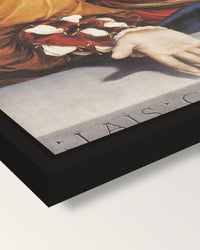 Lais of Corinth by the Younger framed canvas, corner close-up: a black floating frame with a shadow gap round the canvas