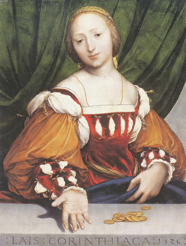 Lais of Corinth by Holbein: a fair woman in a red and gold gown holds out her hand over gold coins, a green curtain