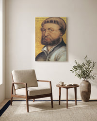 Self-Portrait by Hans Holbein the Younger as a stretched canvas above a linen lounge chair in a reading corner