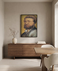 Self-Portrait by Hans Holbein the Younger in a black frame above a walnut sideboard in a dining room