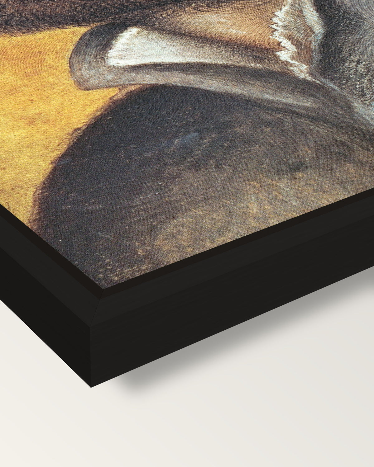 Self-Portrait by the Younger framed canvas, corner close-up: a black floating frame with a shadow gap round the canvas