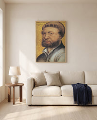Self-Portrait by Hans Holbein the Younger framed in natural oak above a cream sofa in a warm living room