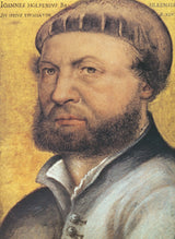 Self-Portrait by Holbein: a bearded man in a brown cap and grey jacket looks out against a gold background