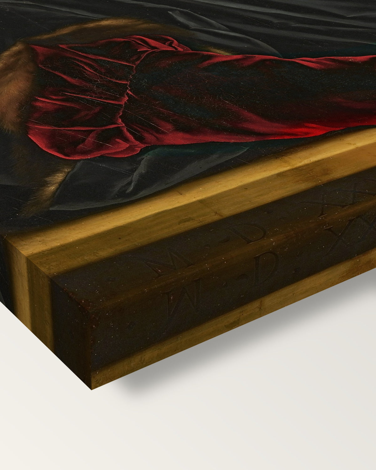 Sir Thomas More by Hans Holbein the Younger on stretched canvas, corner close-up: the painting mirror-wrapped round the sides