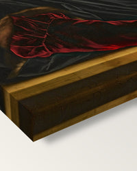 Sir Thomas More by Hans Holbein the Younger on stretched canvas, corner close-up: the painting mirror-wrapped round the sides