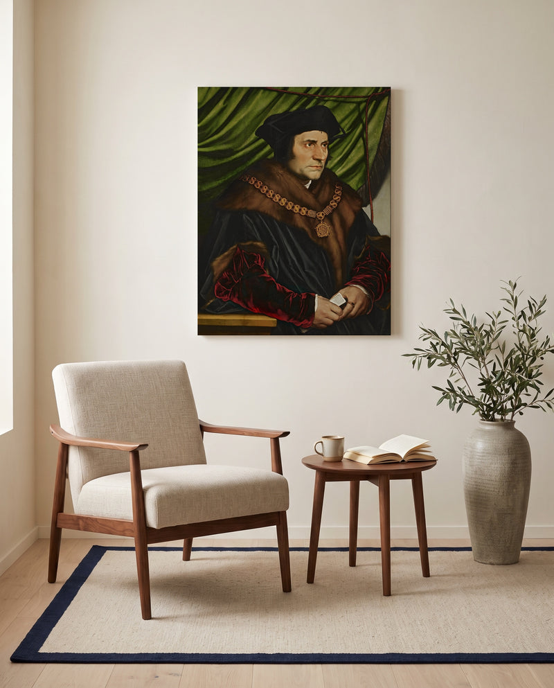 Sir Thomas More by Hans Holbein the Younger as a stretched canvas above a linen lounge chair in a reading corner