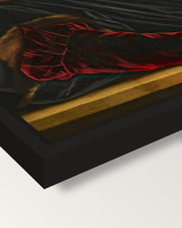 Sir Thomas More by the Younger framed canvas, corner close-up: a black floating frame with a shadow gap round the canvas