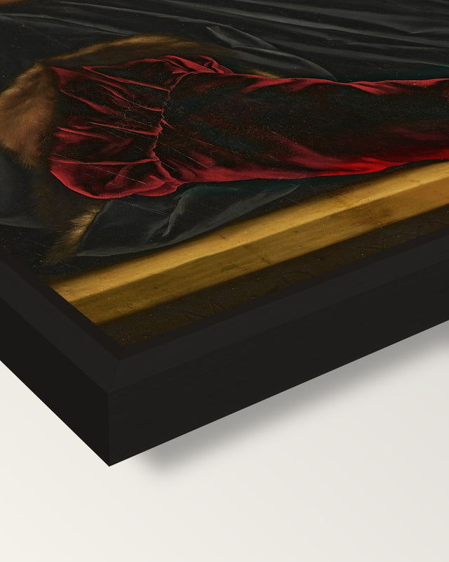 Sir Thomas More by the Younger framed canvas, corner close-up: a black floating frame with a shadow gap round the canvas