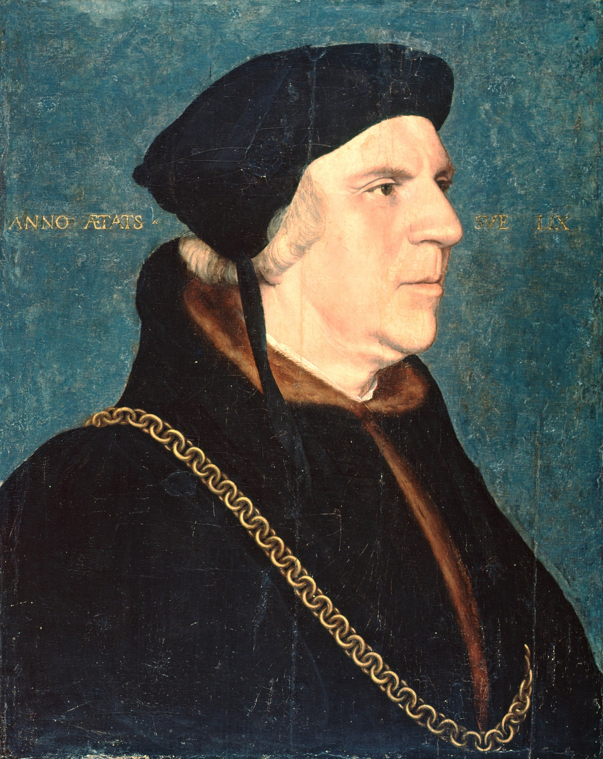 Sir William Butts by Holbein: an older man in a black cap, fur and a gold chain, in profile against a blue-green ground