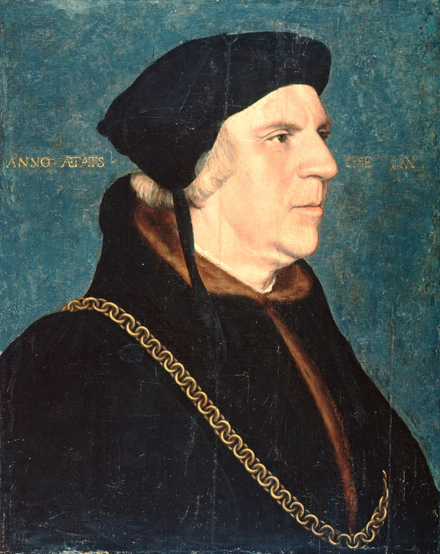 Sir William Butts by Holbein: an older man in a black cap, fur and a gold chain, in profile against a blue-green ground