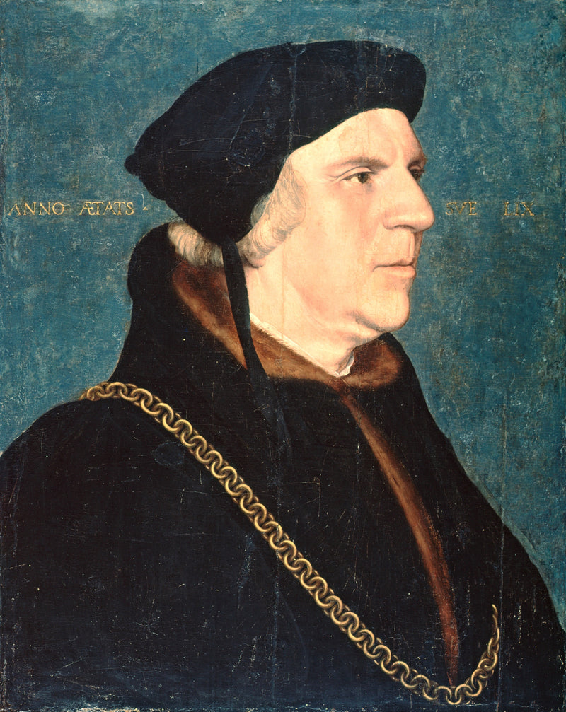 Sir William Butts by Holbein: an older man in a black cap, fur and a gold chain, in profile against a blue-green ground